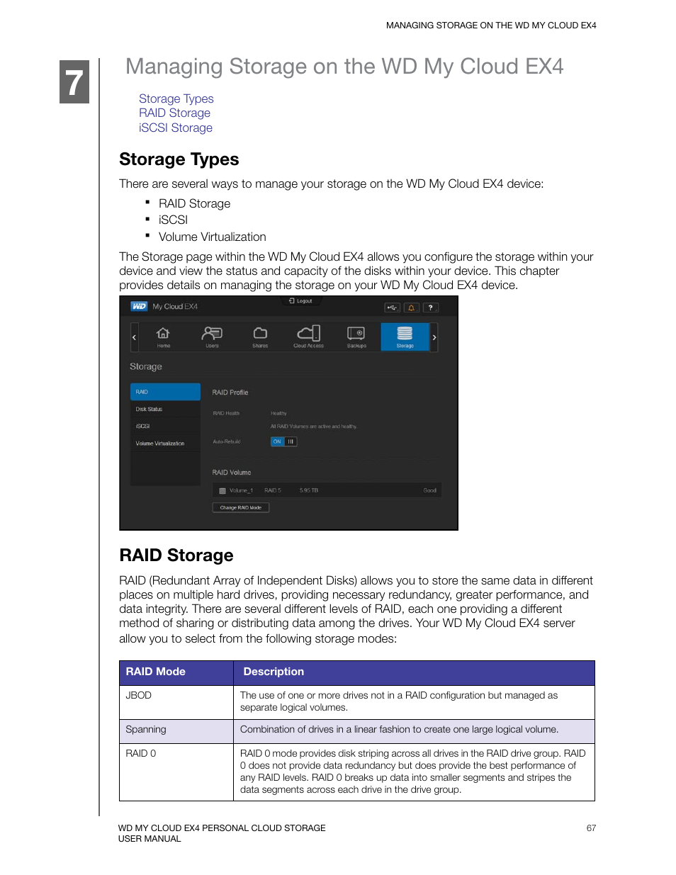 Managing storage on the wd my cloud ex4, Storage types, Raid storage | Western Digital My Cloud EX4 User Manual User Manual | Page 72 / 170