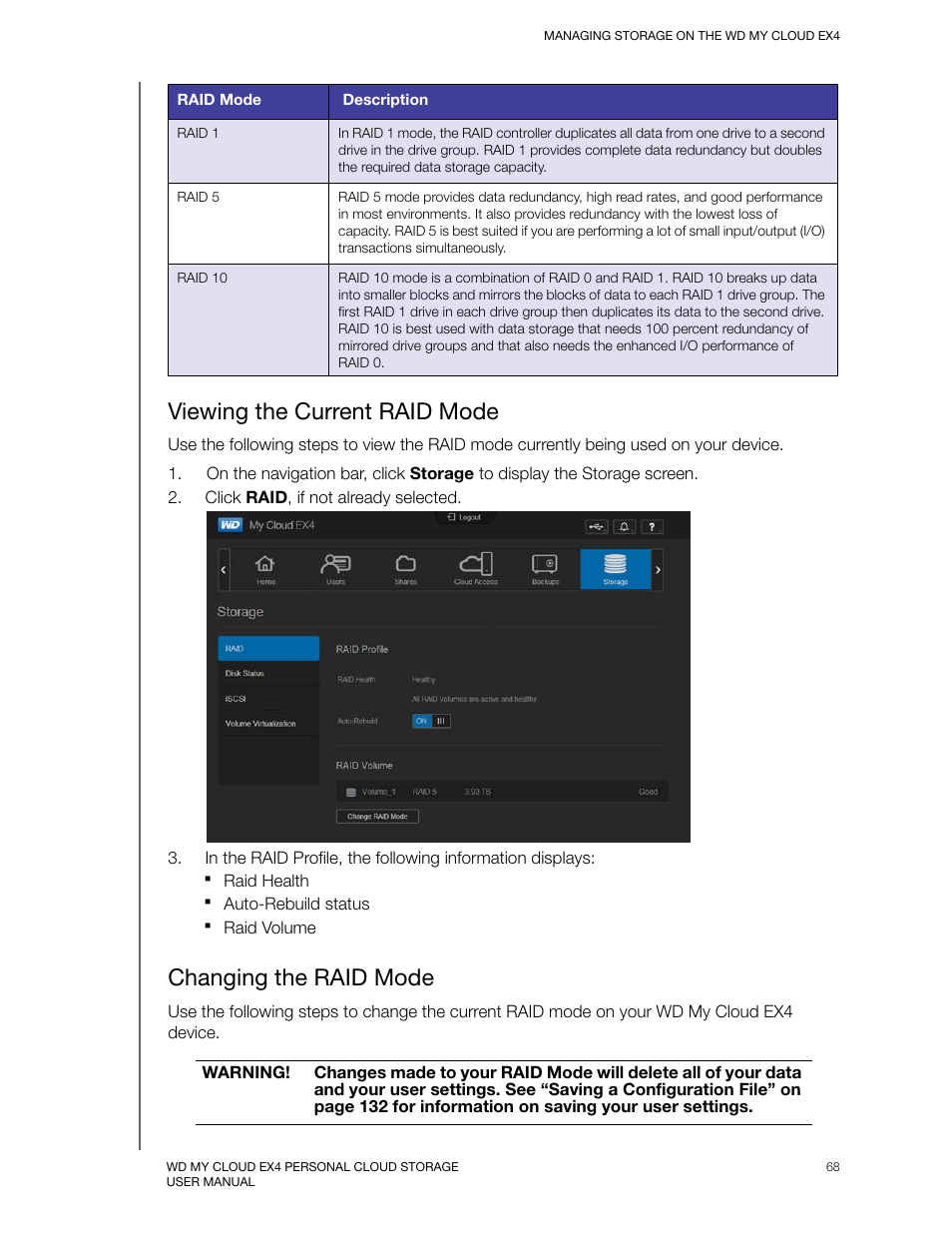 Viewing the current raid mode, Changing the raid mode | Western Digital My Cloud EX4 User Manual User Manual | Page 73 / 170