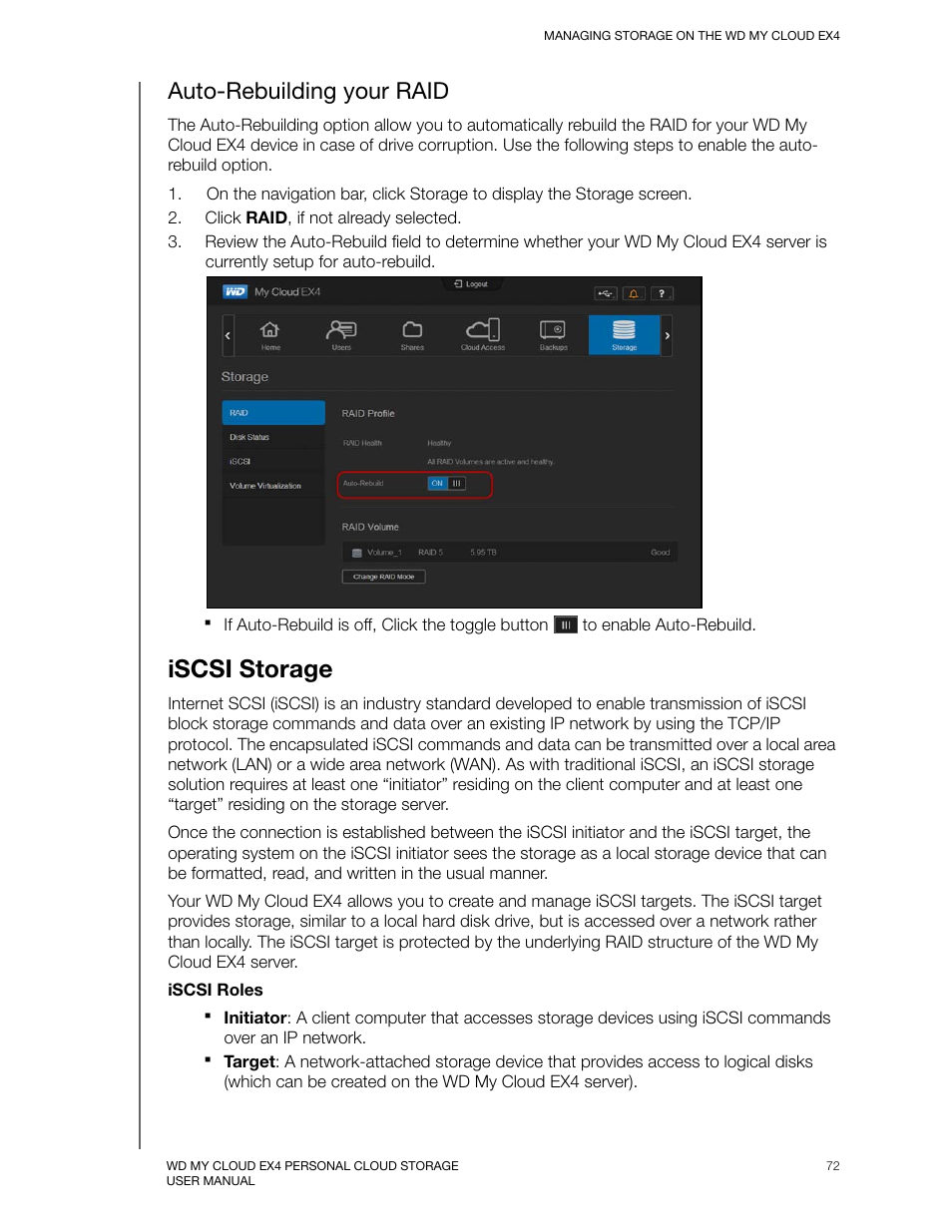 Auto-rebuilding your raid, Iscsi storage | Western Digital My Cloud EX4 User Manual User Manual | Page 77 / 170