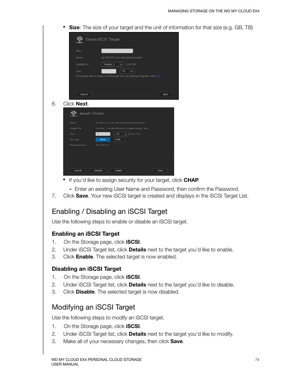 Enabling / disabling an iscsi target, Modifying an iscsi target | Western Digital My Cloud EX4 User Manual User Manual | Page 79 / 170