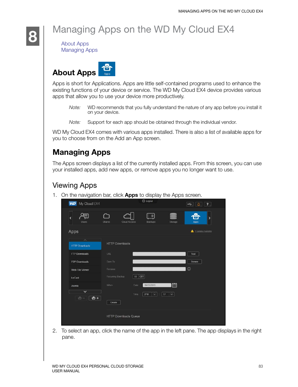 Managing apps on the wd my cloud ex4, About apps, Managing apps | Viewing apps | Western Digital My Cloud EX4 User Manual User Manual | Page 88 / 170
