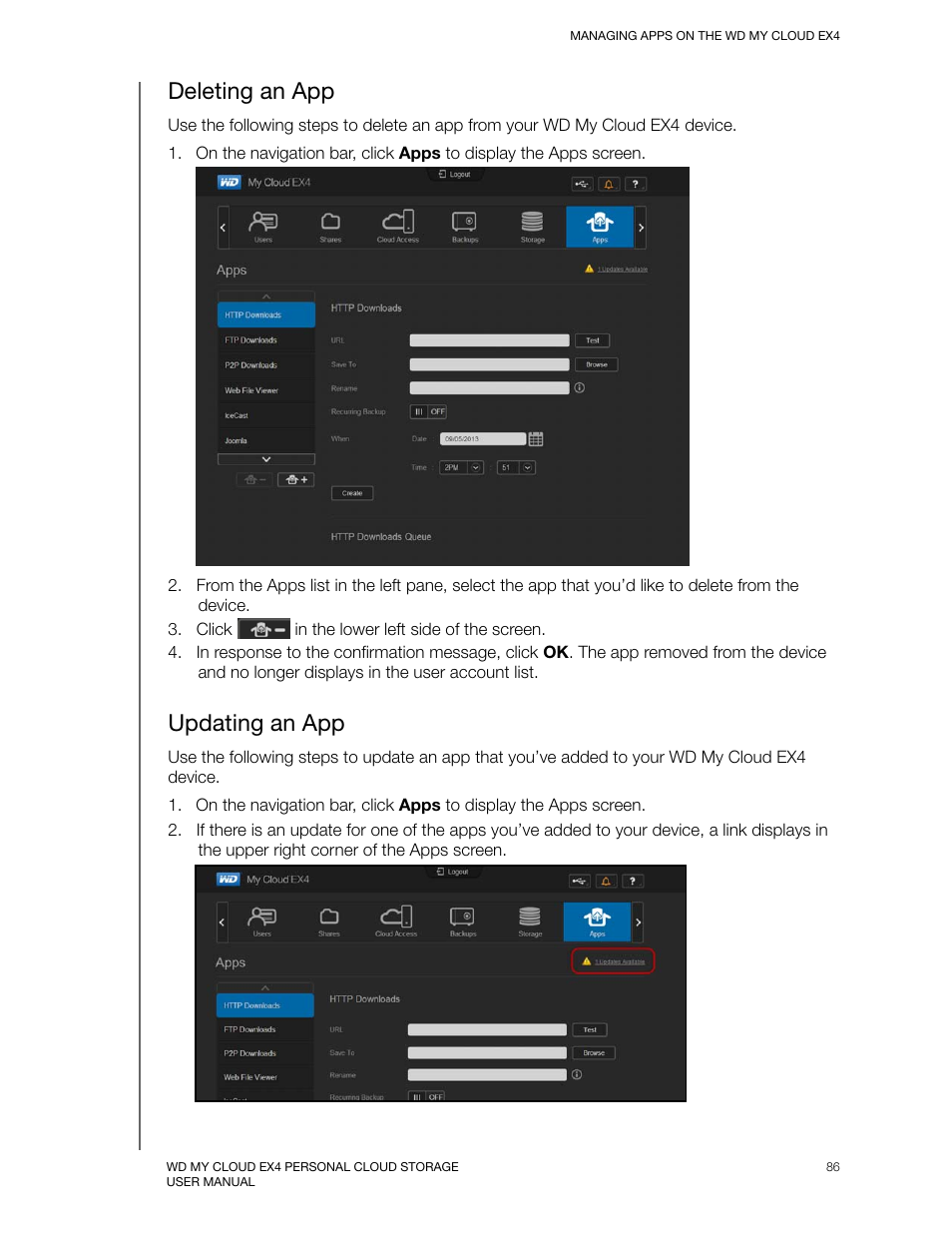 Deleting an app, Updating an app | Western Digital My Cloud EX4 User Manual User Manual | Page 91 / 170