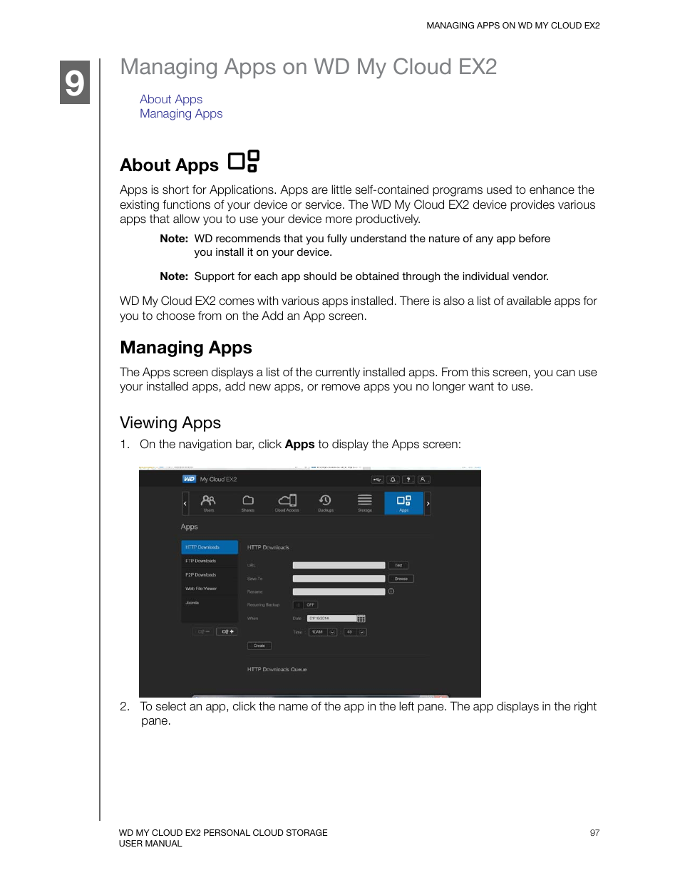 Managing apps on wd my cloud ex2, About apps, Managing apps | Viewing apps | Western Digital My Cloud EX2 User Manual User Manual | Page 102 / 168