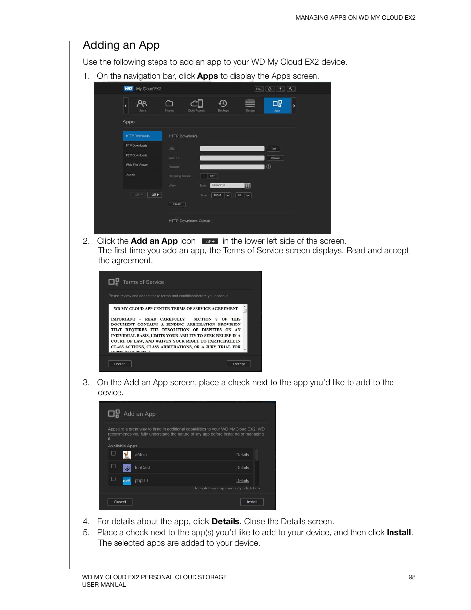 Adding an app | Western Digital My Cloud EX2 User Manual User Manual | Page 103 / 168