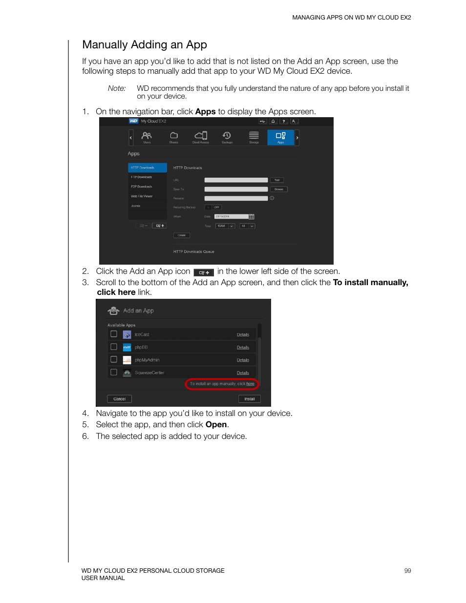 Manually adding an app | Western Digital My Cloud EX2 User Manual User Manual | Page 104 / 168
