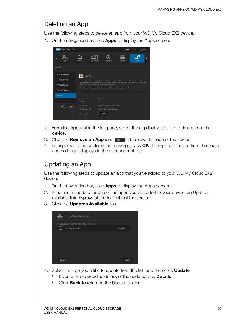 Deleting an app, Updating an app | Western Digital My Cloud EX2 User Manual User Manual | Page 105 / 168