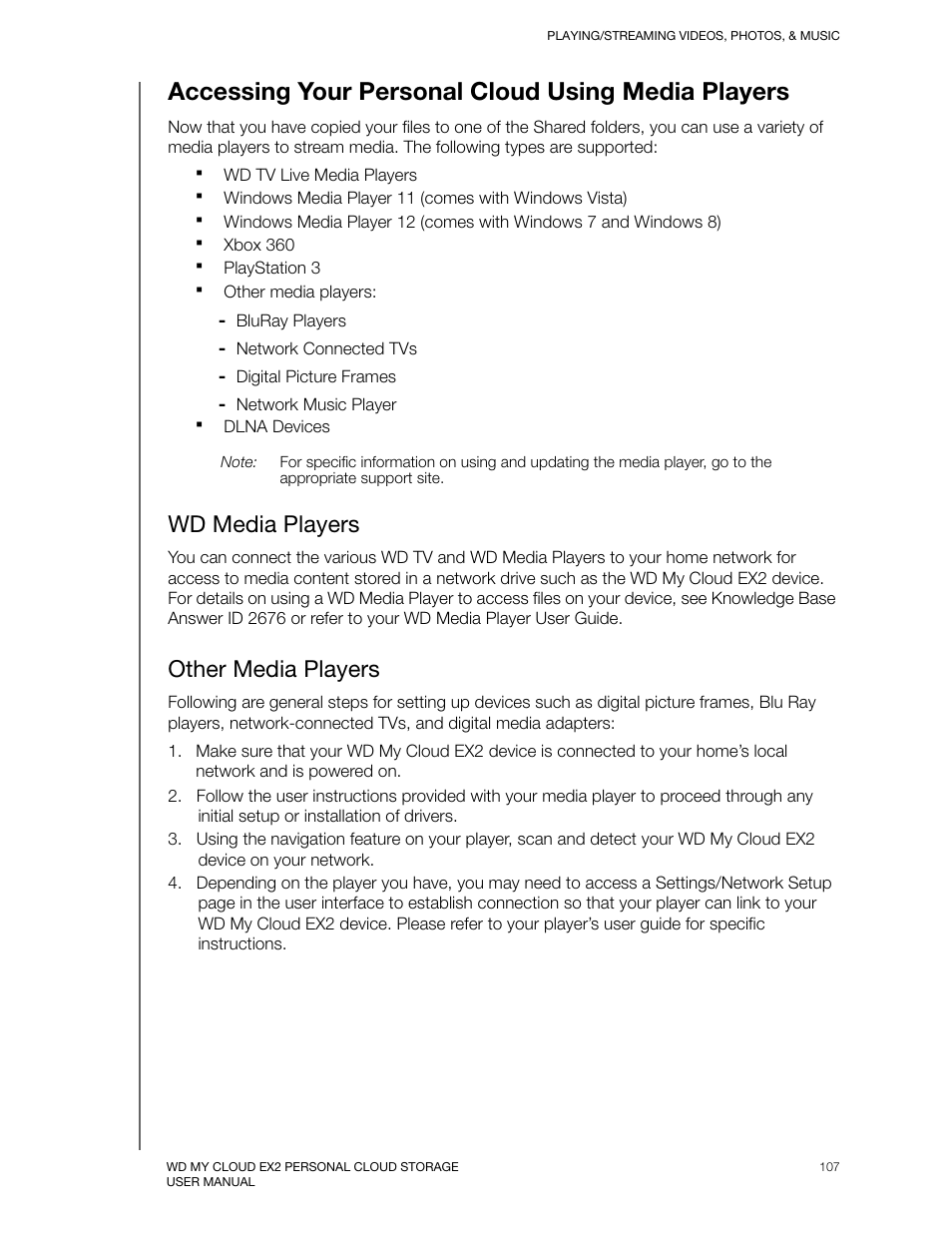 Accessing your personal cloud using media players, Wd media players, Other media players | Western Digital My Cloud EX2 User Manual User Manual | Page 112 / 168