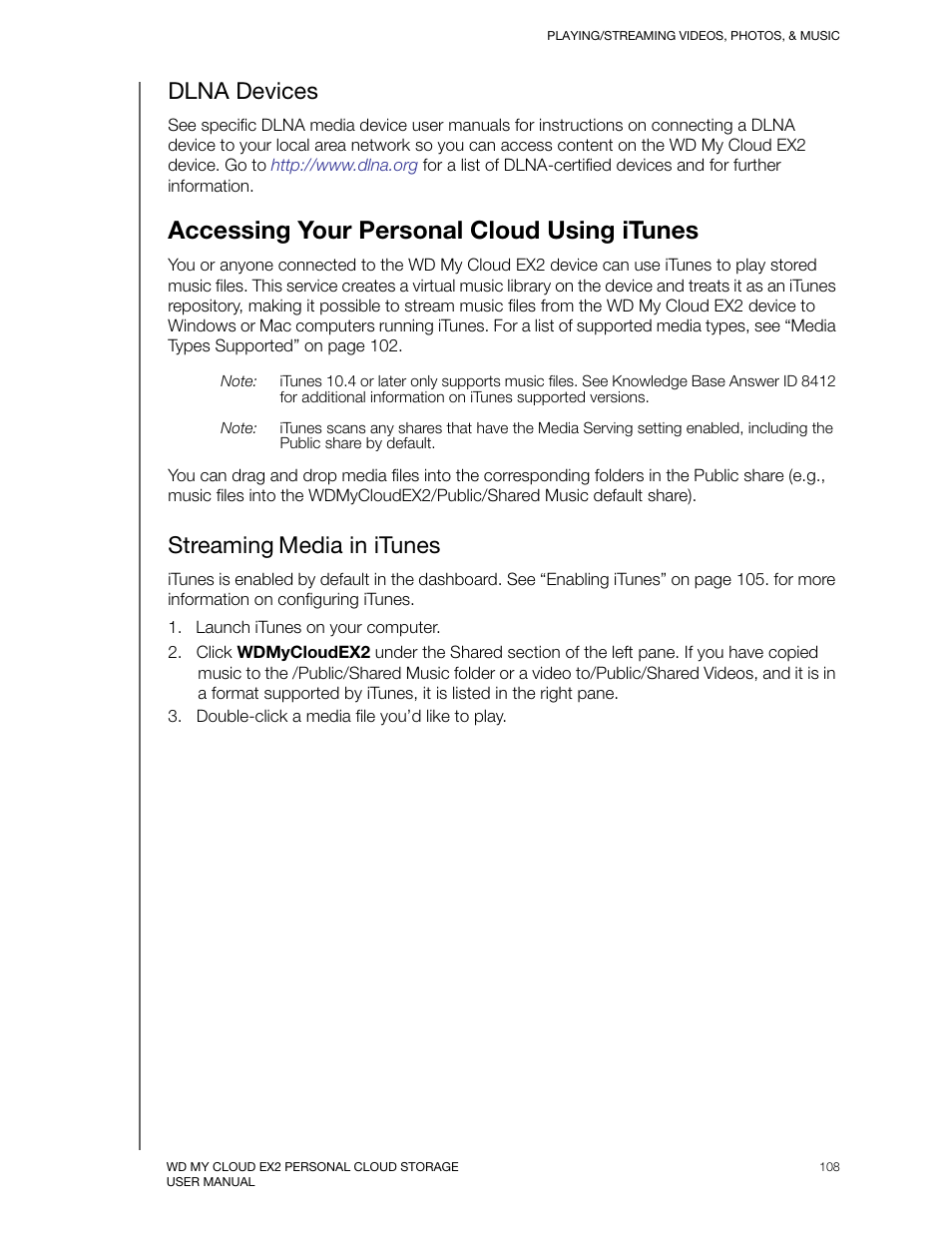 Dlna devices, Accessing your personal cloud using itunes, Streaming media in itunes | Western Digital My Cloud EX2 User Manual User Manual | Page 113 / 168