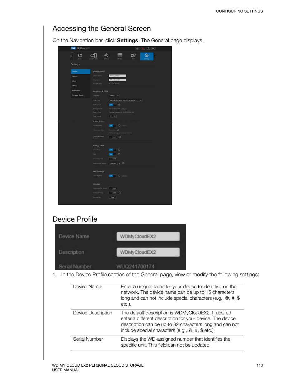 Accessing the general screen, Device profile | Western Digital My Cloud EX2 User Manual User Manual | Page 115 / 168