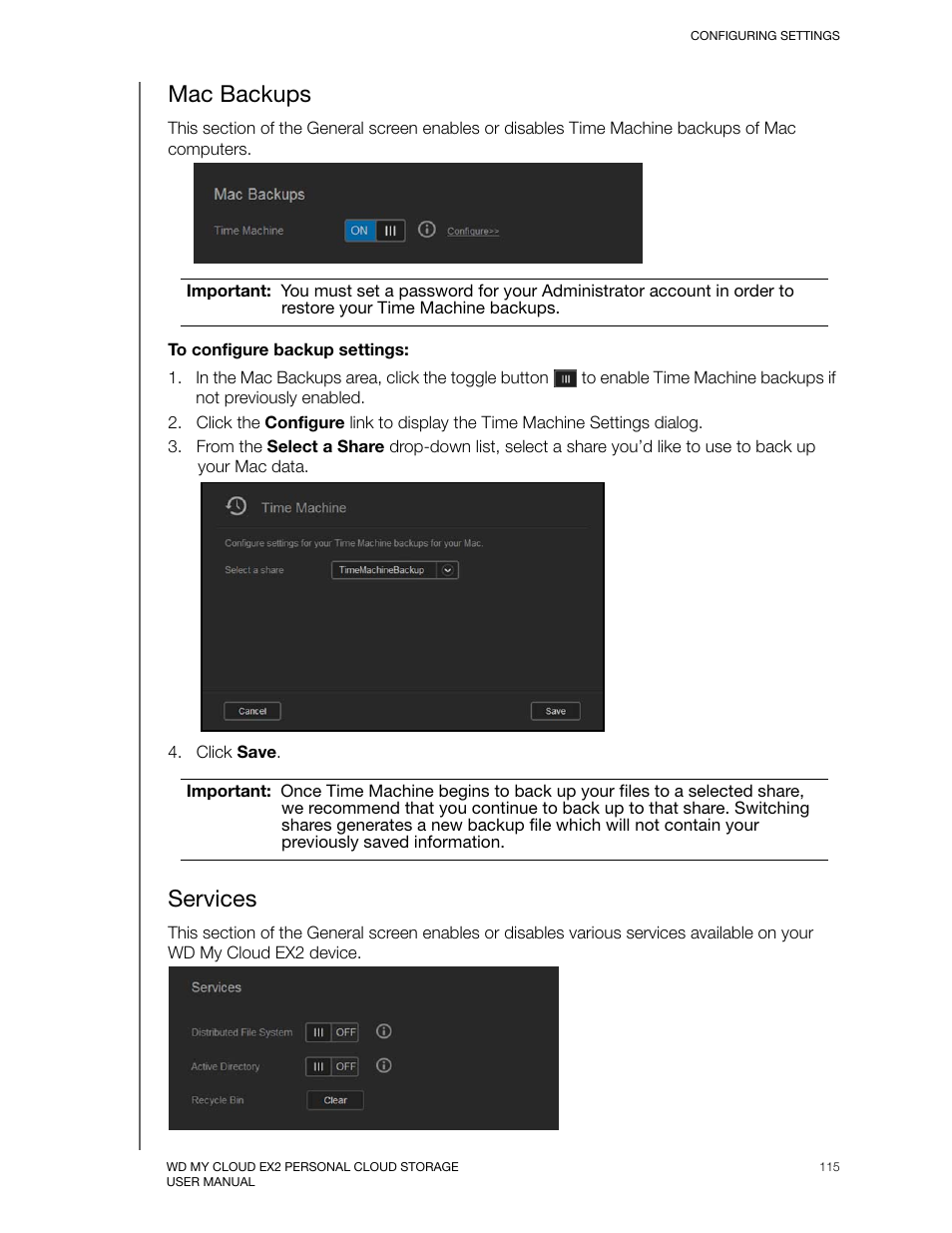 Mac backups, Services | Western Digital My Cloud EX2 User Manual User Manual | Page 120 / 168