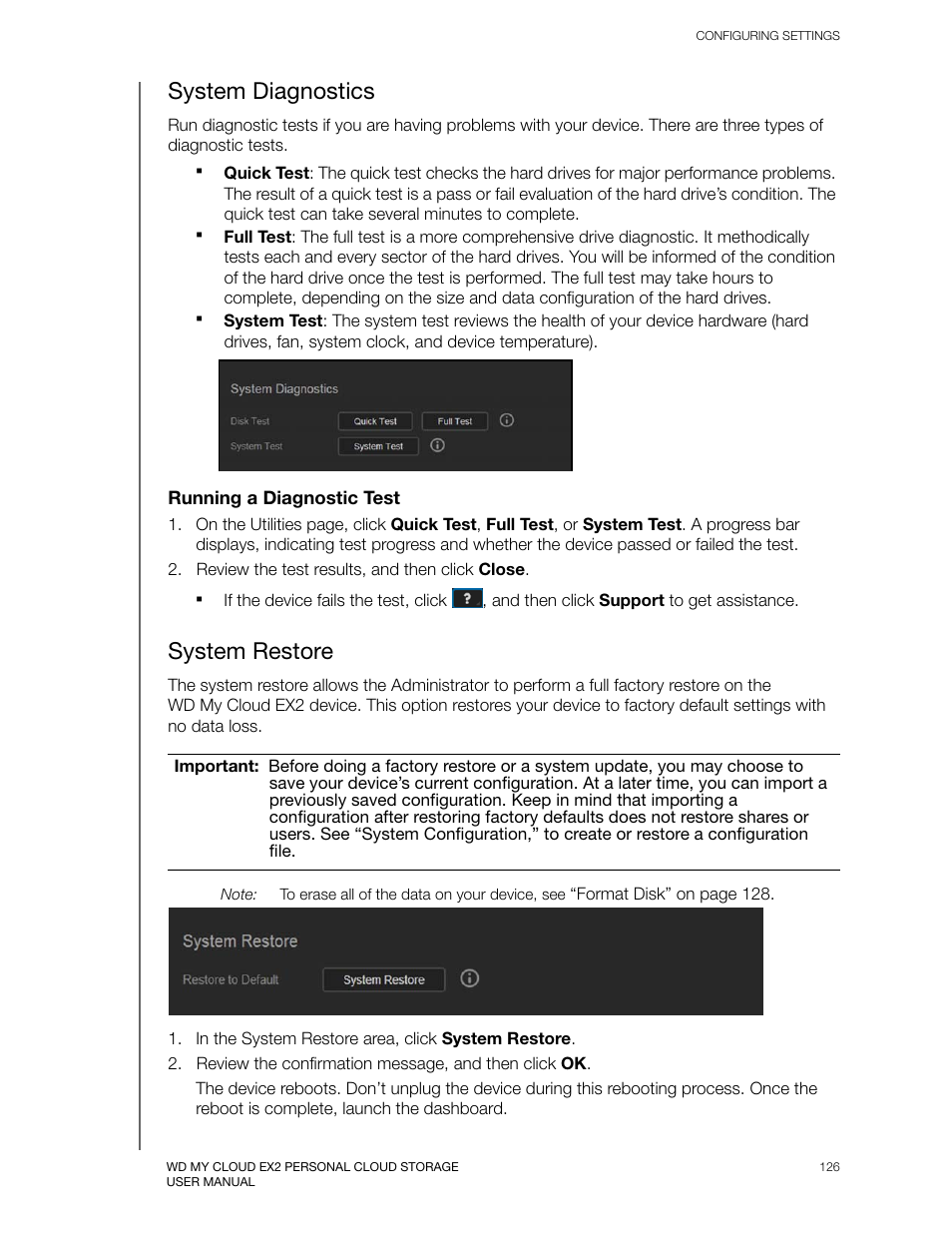 System diagnostics, System restore | Western Digital My Cloud EX2 User Manual User Manual | Page 131 / 168