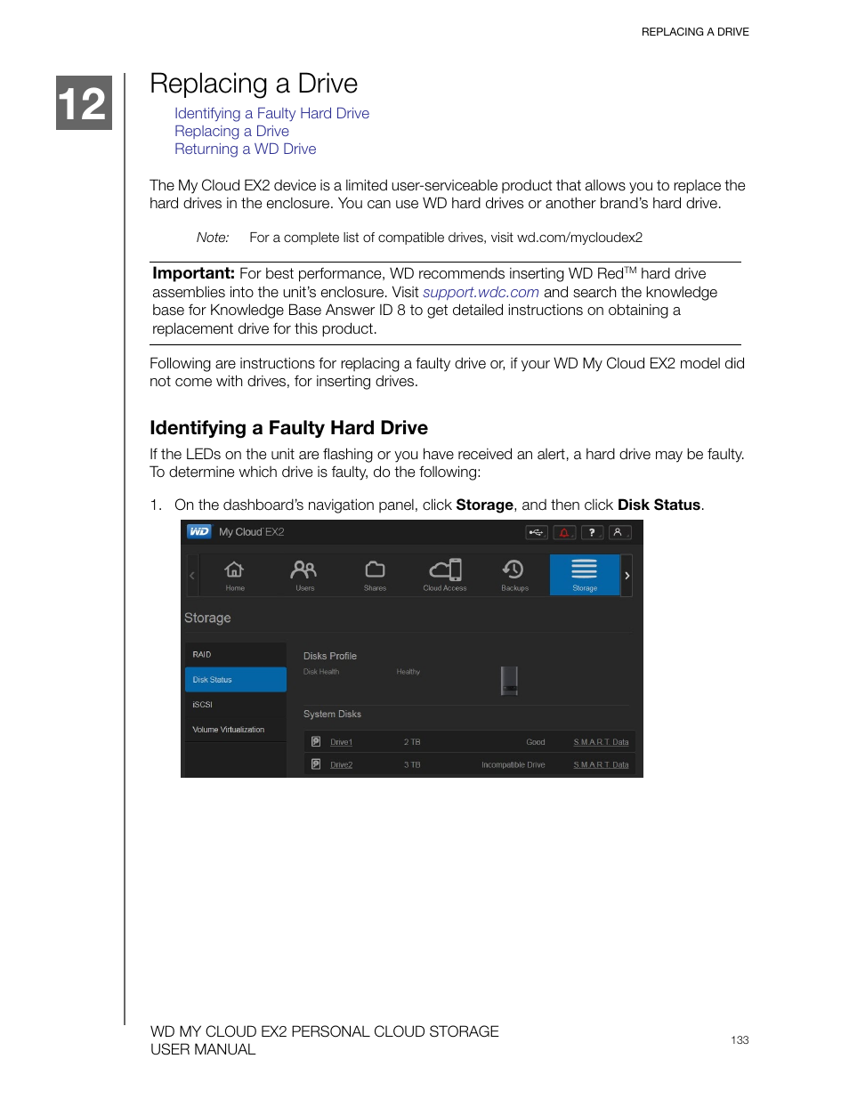 Replacing a drive, Identifying a faulty hard drive | Western Digital My Cloud EX2 User Manual User Manual | Page 138 / 168