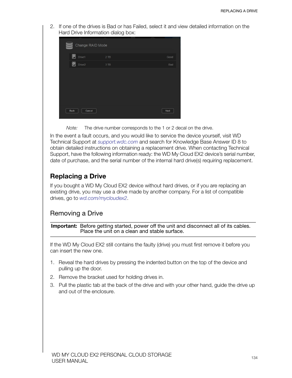 Replacing a drive, Removing a drive | Western Digital My Cloud EX2 User Manual User Manual | Page 139 / 168