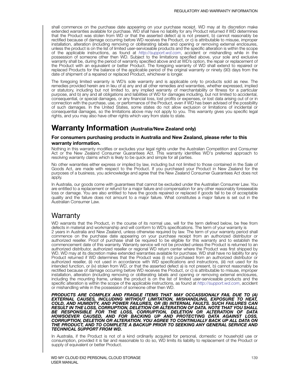 Warranty information (australia/new zealand only), Warranty, Warranty information | Western Digital My Cloud EX2 User Manual User Manual | Page 144 / 168
