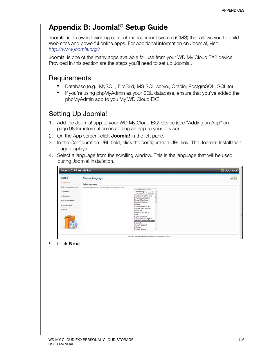 Appendix b: joomla!® setup guide, Requirements, Setting up joomla | Appendix b: joomla, Setup guide | Western Digital My Cloud EX2 User Manual User Manual | Page 151 / 168