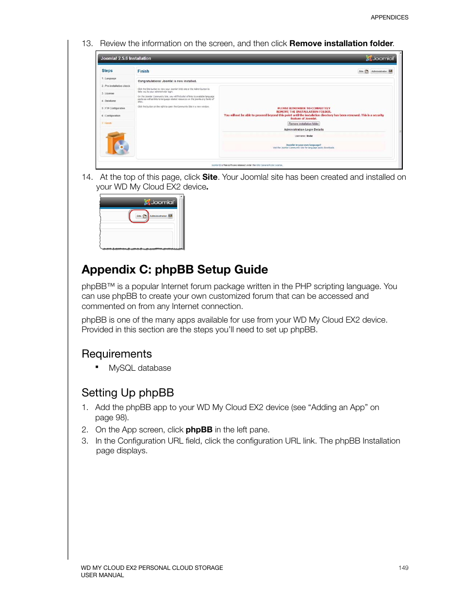 Appendix c: phpbb setup guide, Requirements, Setting up phpbb | Western Digital My Cloud EX2 User Manual User Manual | Page 154 / 168