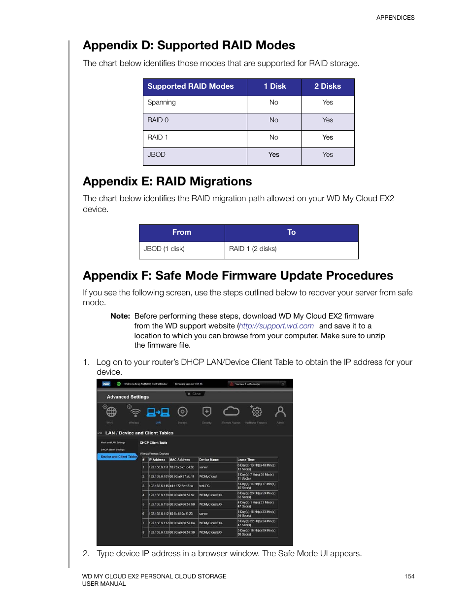 Appendix d: supported raid modes, Appendix e: raid migrations, Appendix f: safe mode firmware update procedures | Western Digital My Cloud EX2 User Manual User Manual | Page 159 / 168