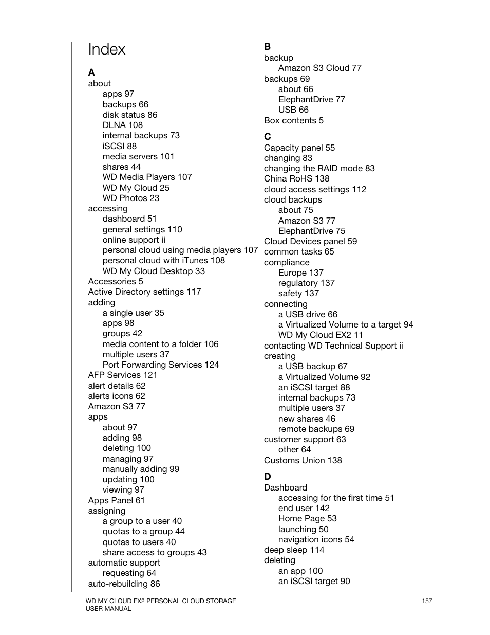 Index | Western Digital My Cloud EX2 User Manual User Manual | Page 162 / 168