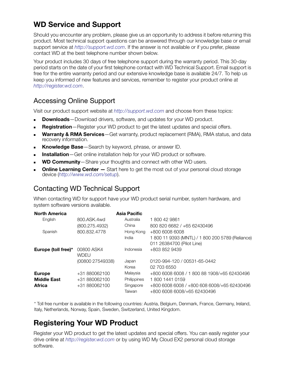Wd service and support, Accessing online support, Contacting wd technical support | Registering your wd product | Western Digital My Cloud EX2 User Manual User Manual | Page 2 / 168
