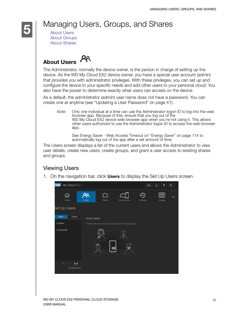 Managing users, groups, and shares, About users, Viewing users | Western Digital My Cloud EX2 User Manual User Manual | Page 40 / 168