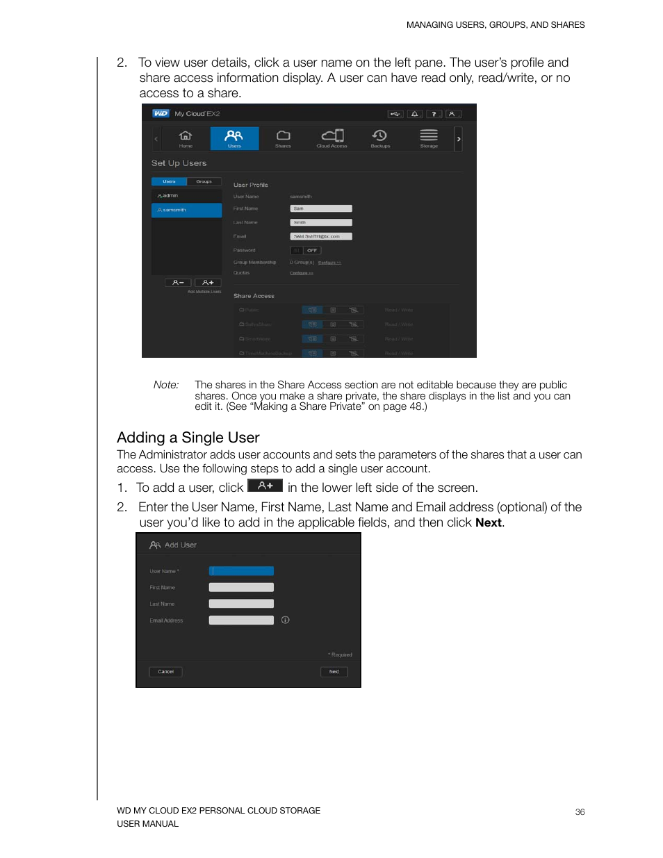 Adding a single user | Western Digital My Cloud EX2 User Manual User Manual | Page 41 / 168
