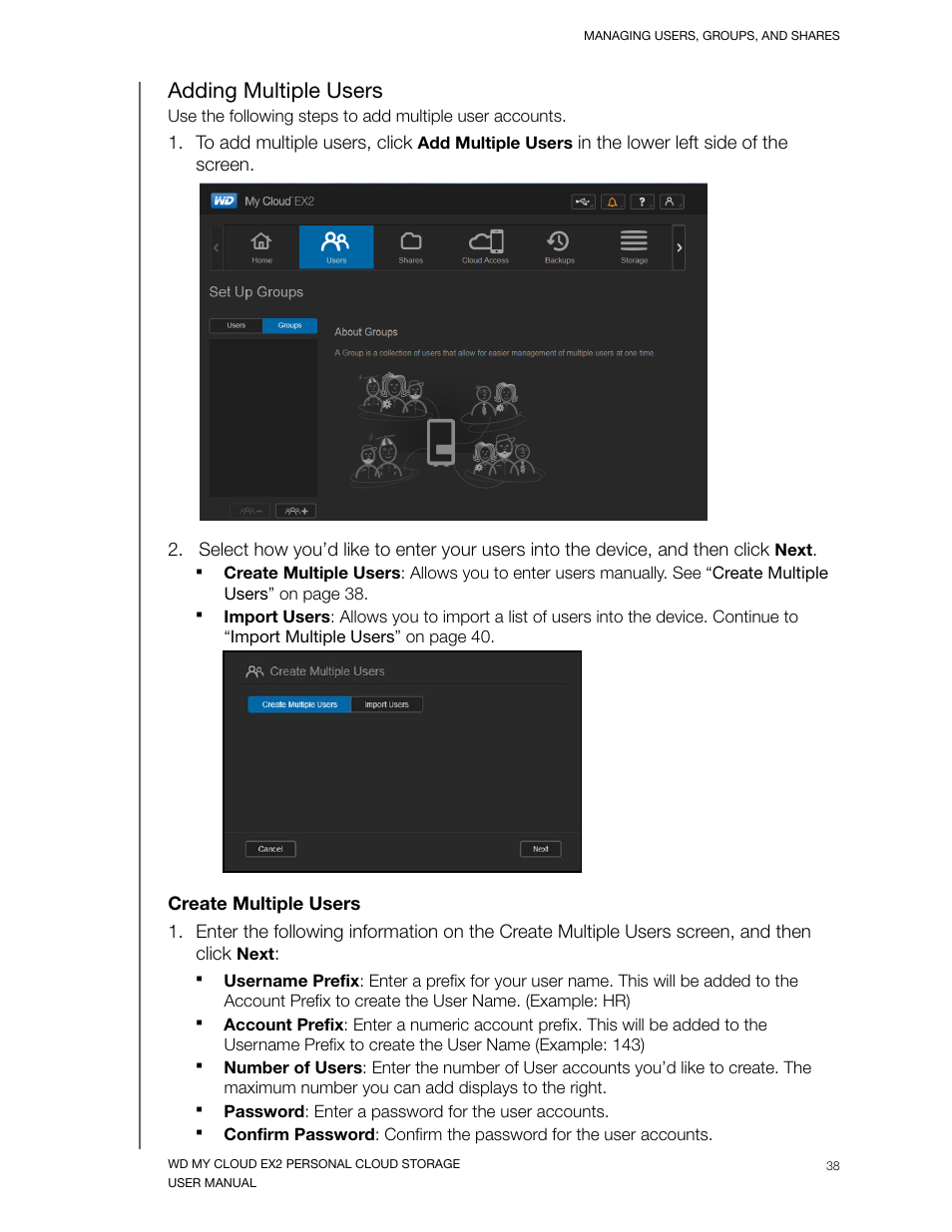 Adding multiple users | Western Digital My Cloud EX2 User Manual User Manual | Page 43 / 168