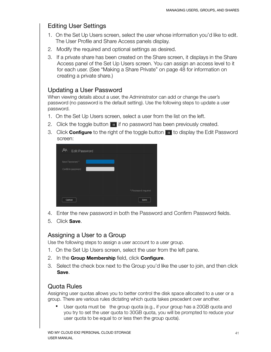 Editing user settings, Updating a user password, Assigning a user to a group | Quota rules | Western Digital My Cloud EX2 User Manual User Manual | Page 46 / 168