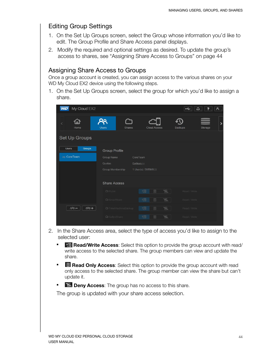 Editing group settings, Assigning share access to groups | Western Digital My Cloud EX2 User Manual User Manual | Page 49 / 168