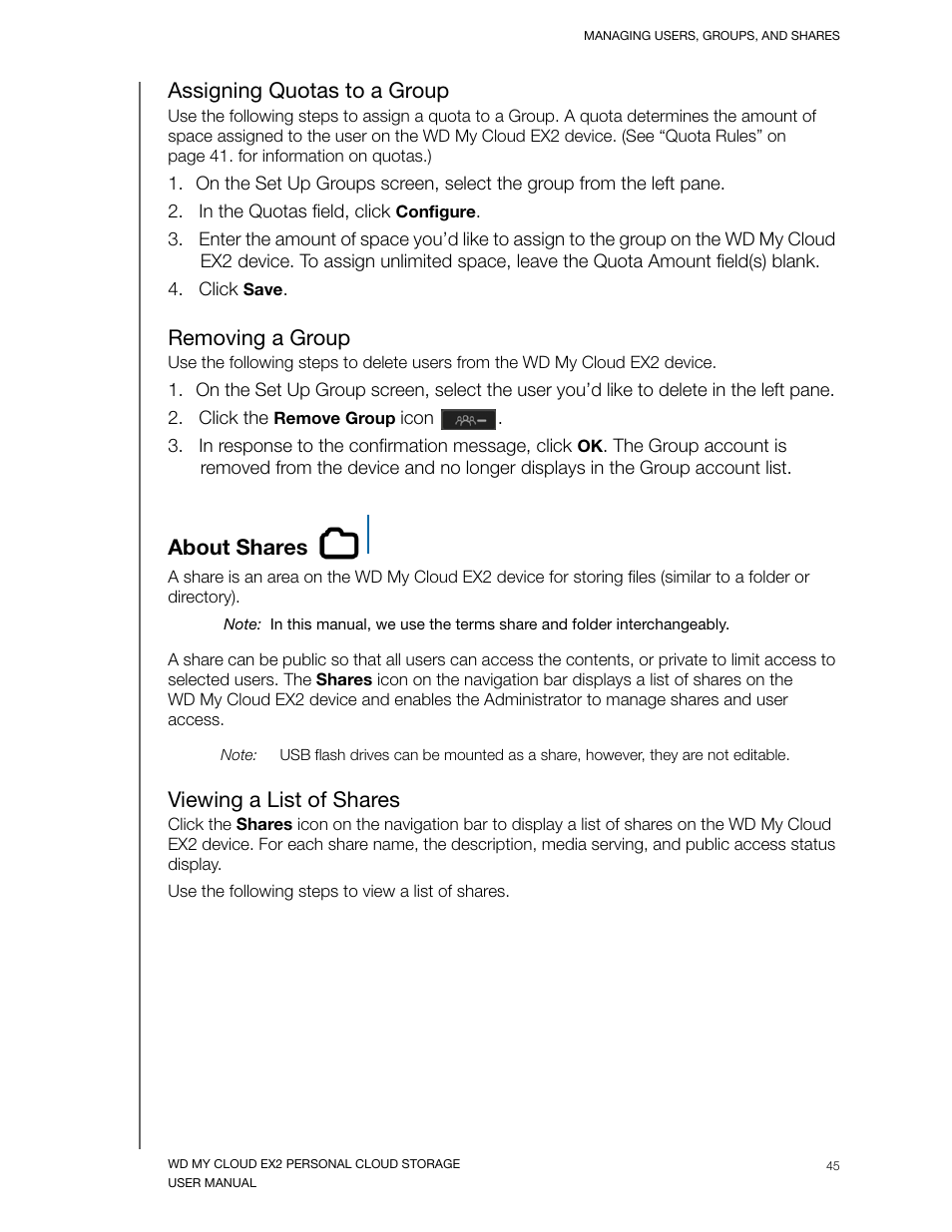 Assigning quotas to a group, Removing a group, About shares | Viewing a list of shares | Western Digital My Cloud EX2 User Manual User Manual | Page 50 / 168