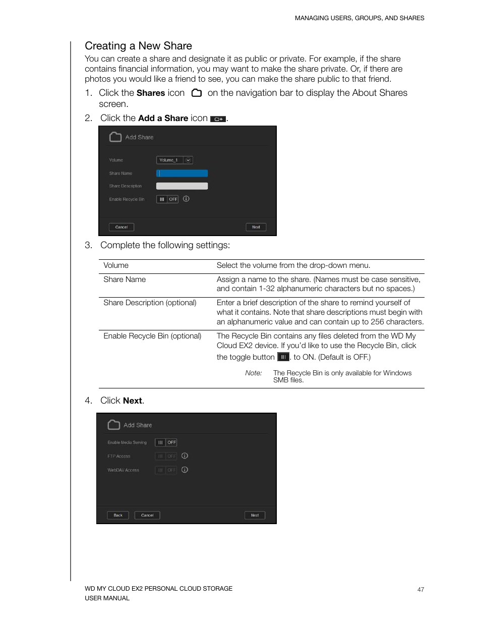 Creating a new share | Western Digital My Cloud EX2 User Manual User Manual | Page 52 / 168