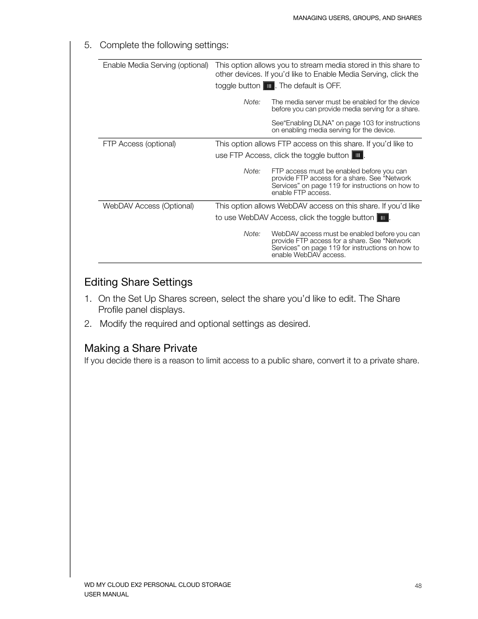 Editing share settings, Making a share private | Western Digital My Cloud EX2 User Manual User Manual | Page 53 / 168