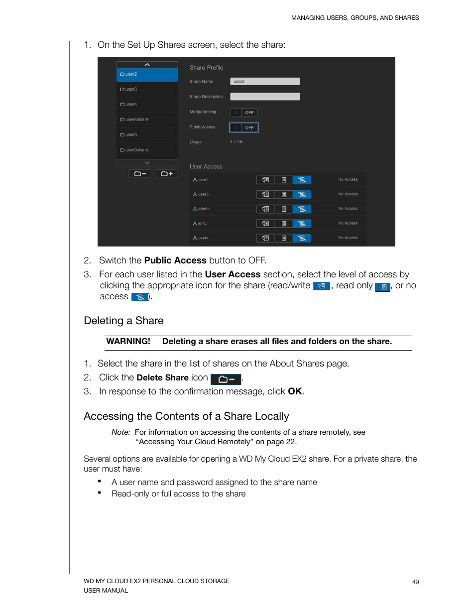 Deleting a share, Accessing the contents of a share locally | Western Digital My Cloud EX2 User Manual User Manual | Page 54 / 168