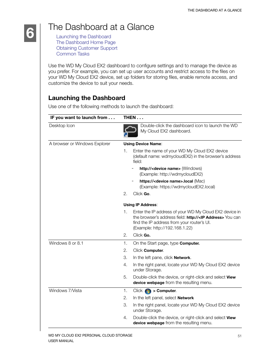 The dashboard at a glance, Launching the dashboard | Western Digital My Cloud EX2 User Manual User Manual | Page 56 / 168