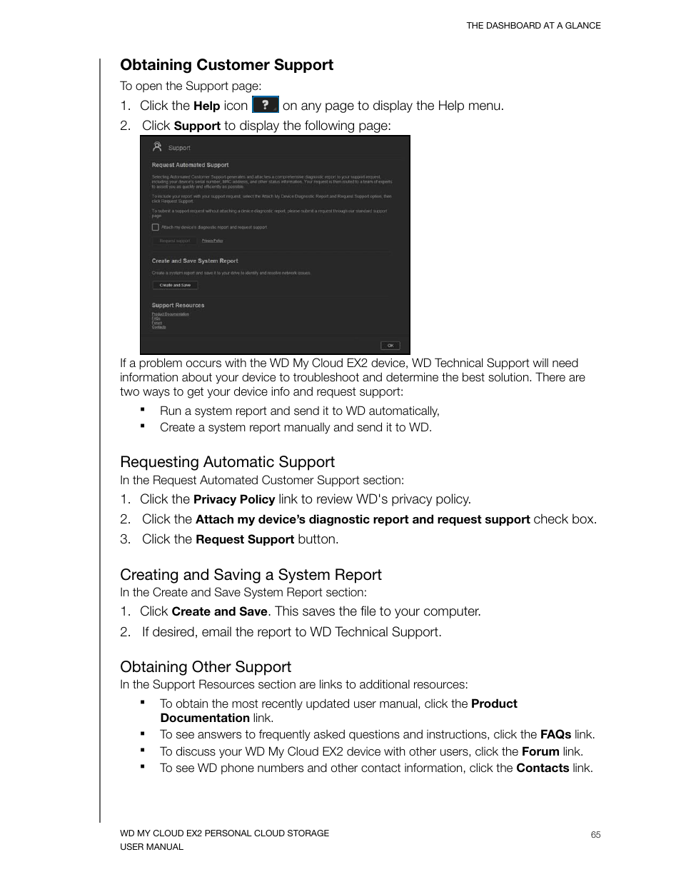 Obtaining customer support, Requesting automatic support, Creating and saving a system report | Obtaining other support | Western Digital My Cloud EX2 User Manual User Manual | Page 70 / 168
