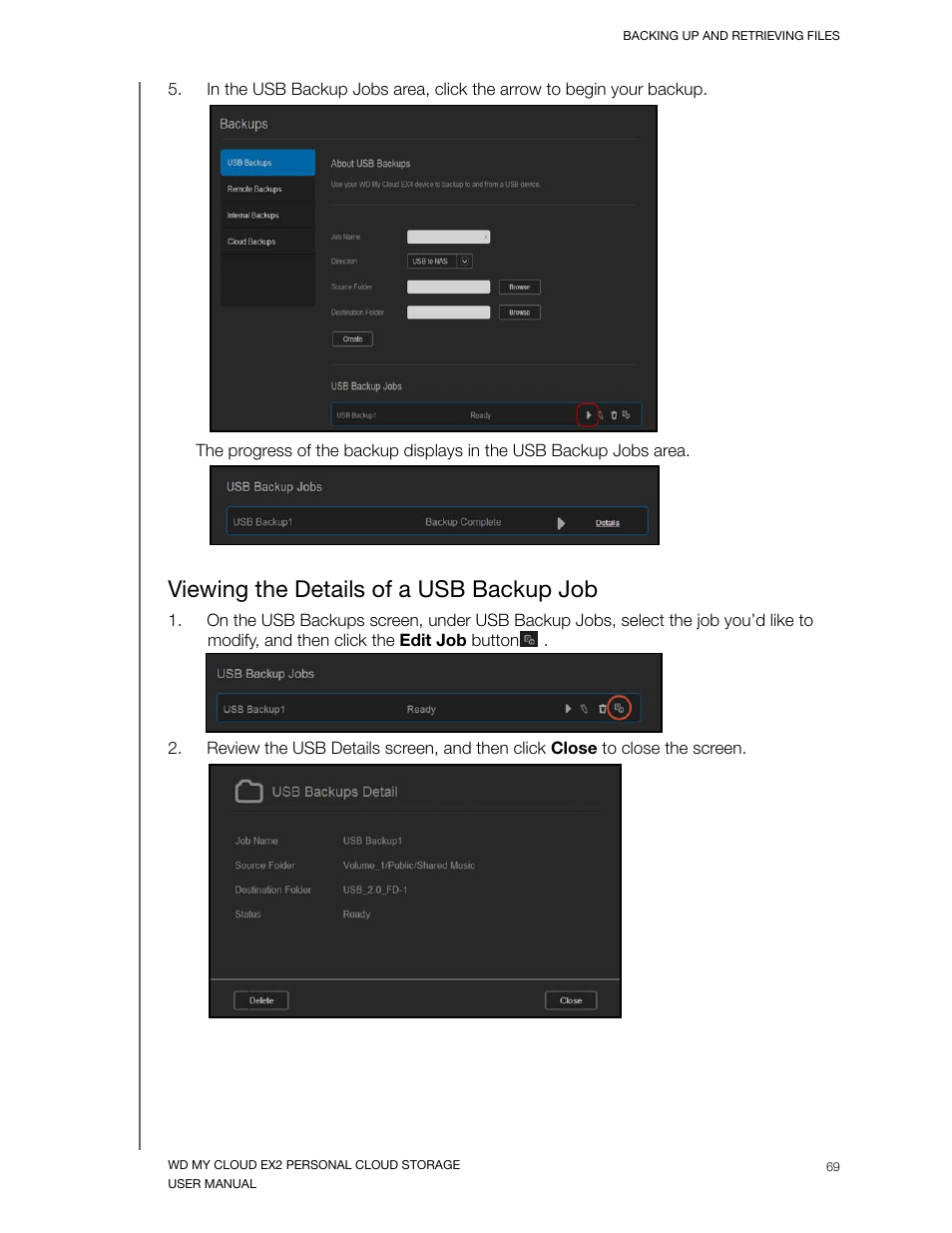 Viewing the details of a usb backup job | Western Digital My Cloud EX2 User Manual User Manual | Page 74 / 168