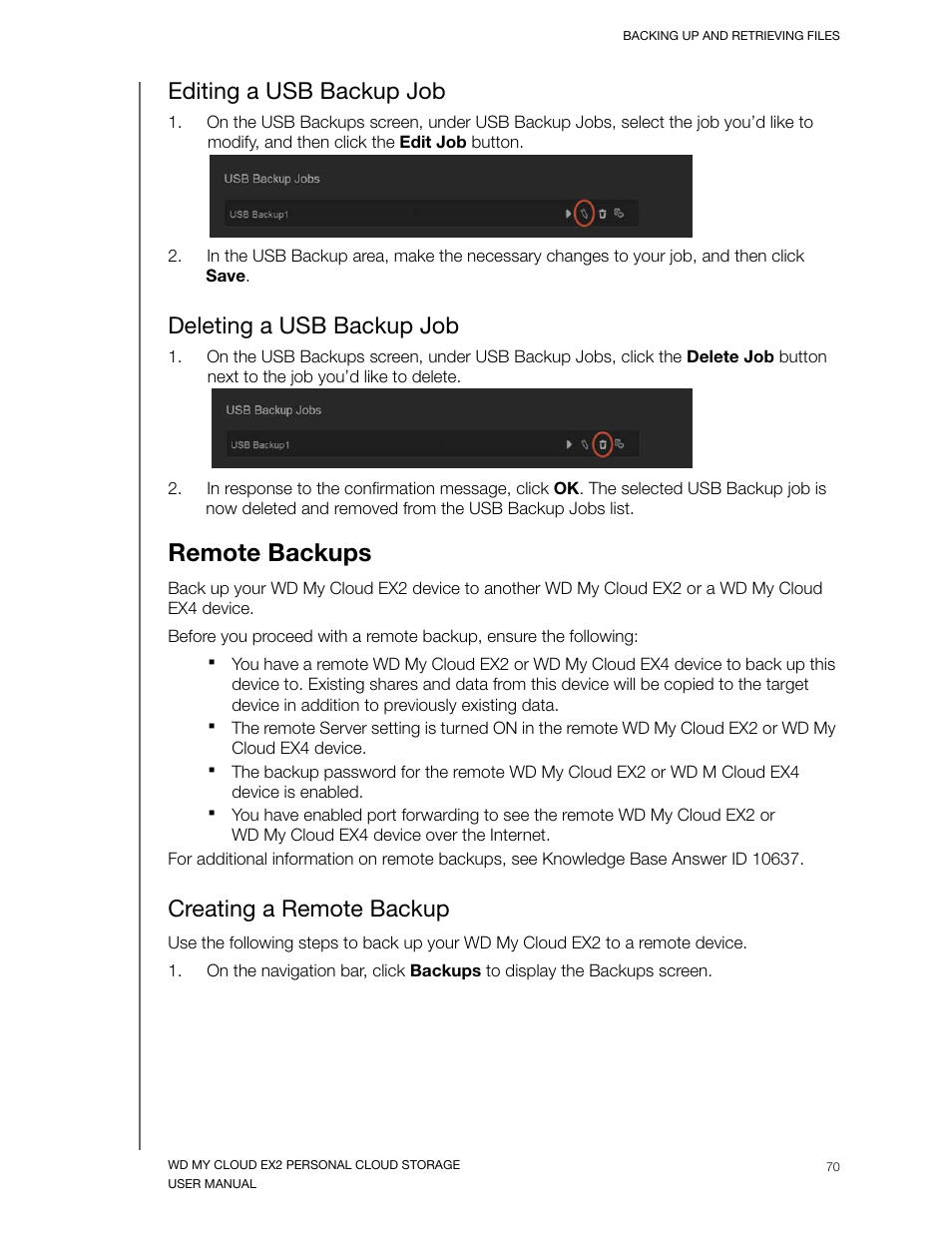Editing a usb backup job, Deleting a usb backup job, Remote backups | Creating a remote backup | Western Digital My Cloud EX2 User Manual User Manual | Page 75 / 168