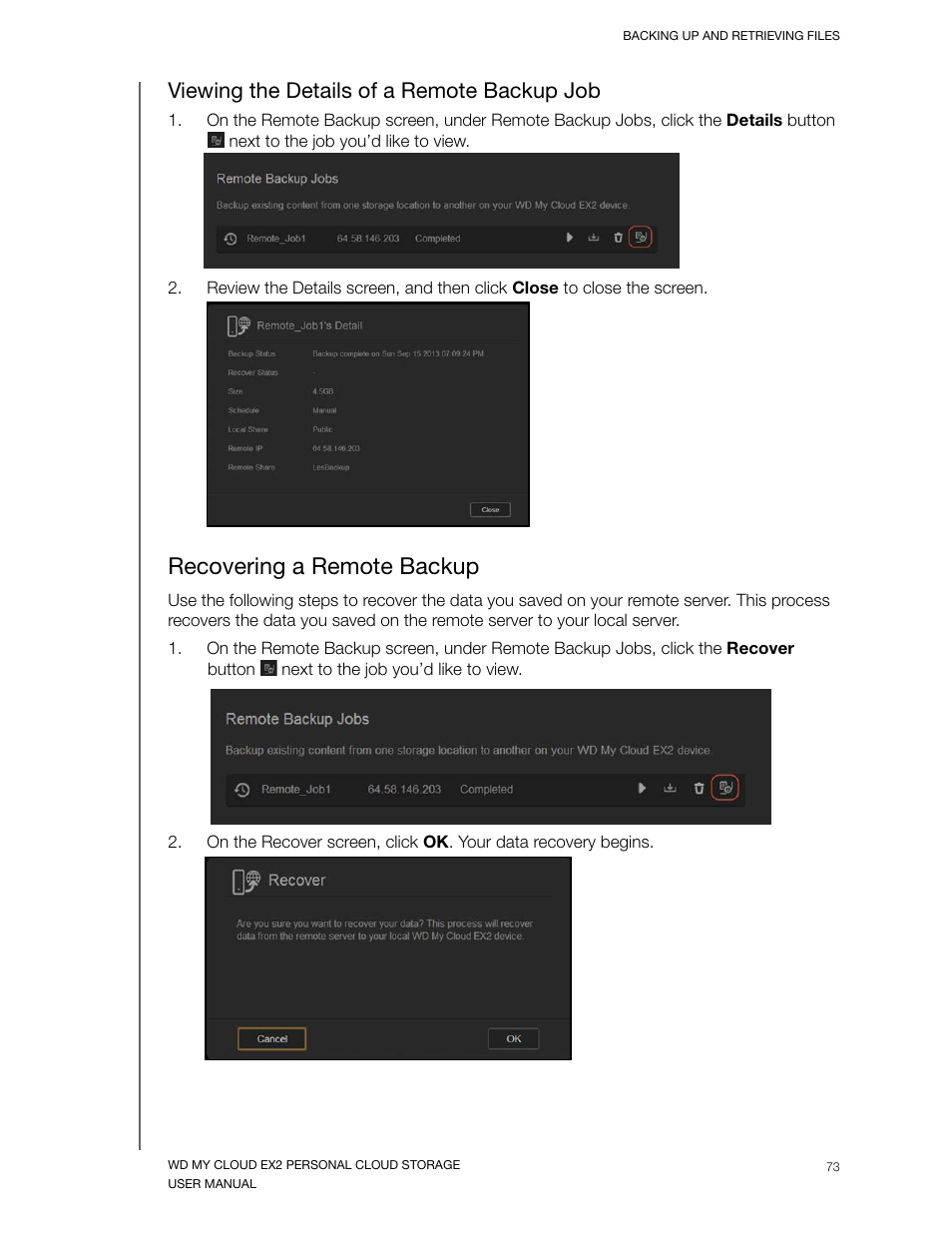Viewing the details of a remote backup job, Recovering a remote backup | Western Digital My Cloud EX2 User Manual User Manual | Page 78 / 168