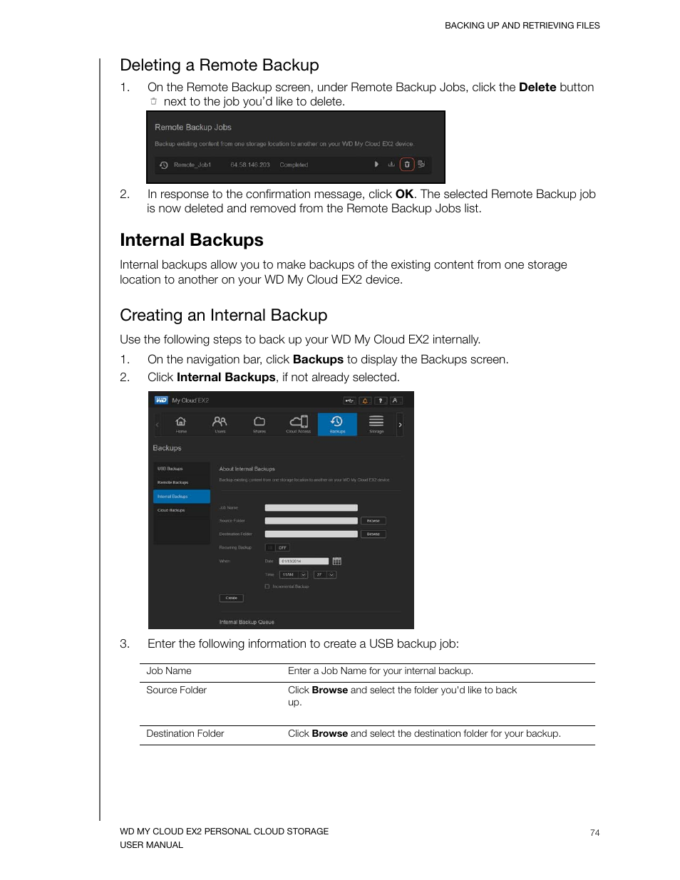 Deleting a remote backup, Internal backups, Creating an internal backup | Western Digital My Cloud EX2 User Manual User Manual | Page 79 / 168