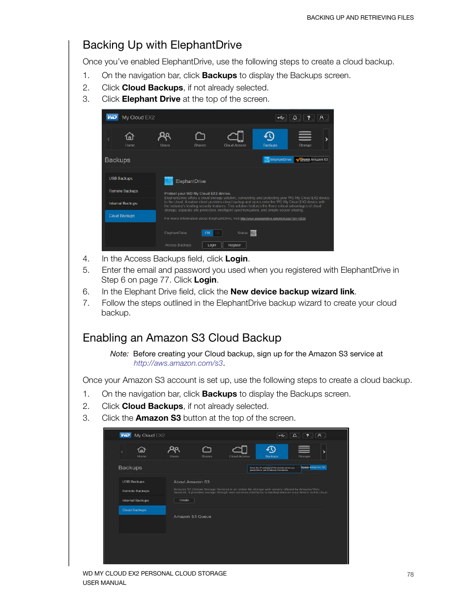 Backing up with elephantdrive, Enabling an amazon s3 cloud backup | Western Digital My Cloud EX2 User Manual User Manual | Page 83 / 168