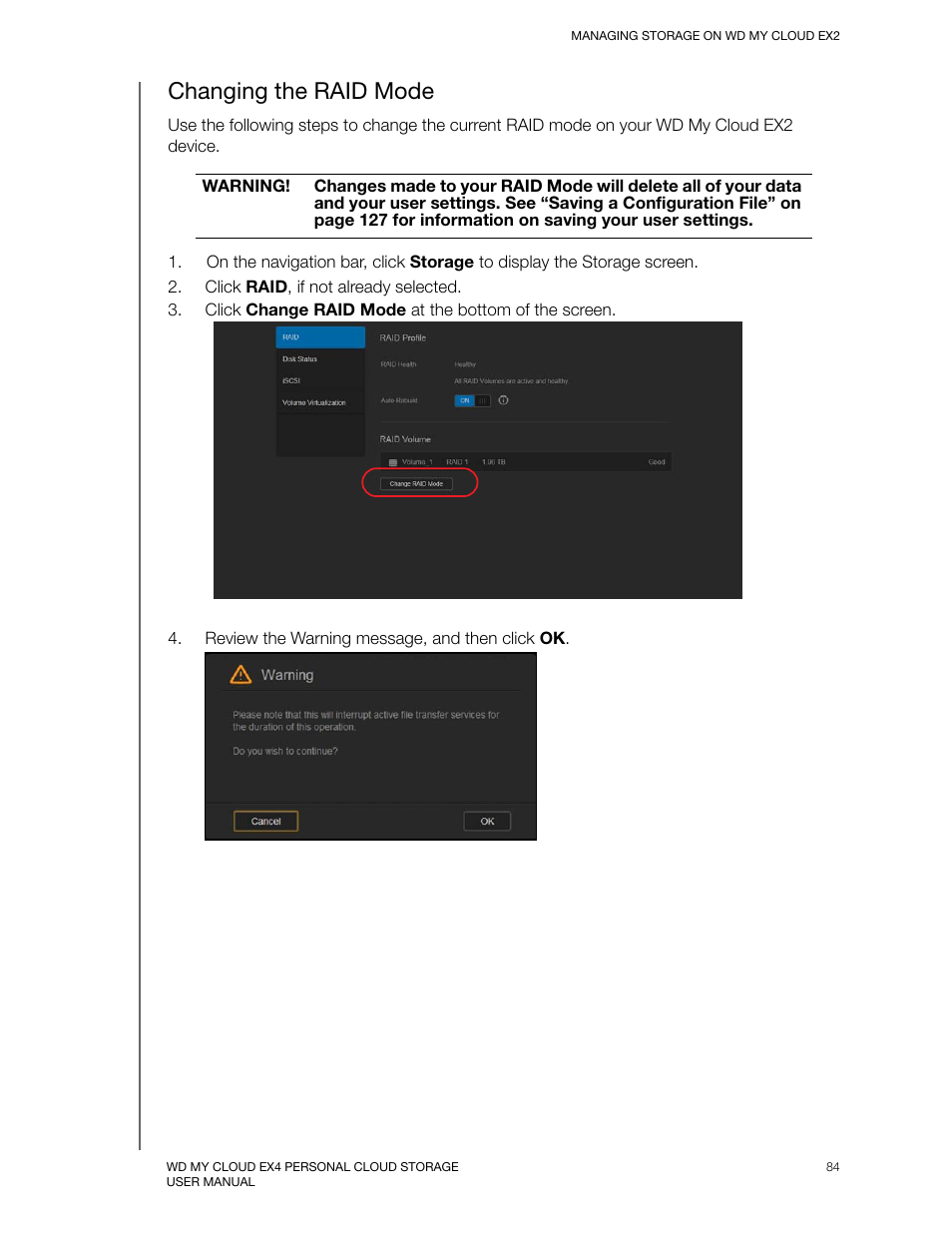 Changing the raid mode | Western Digital My Cloud EX2 User Manual User Manual | Page 89 / 168
