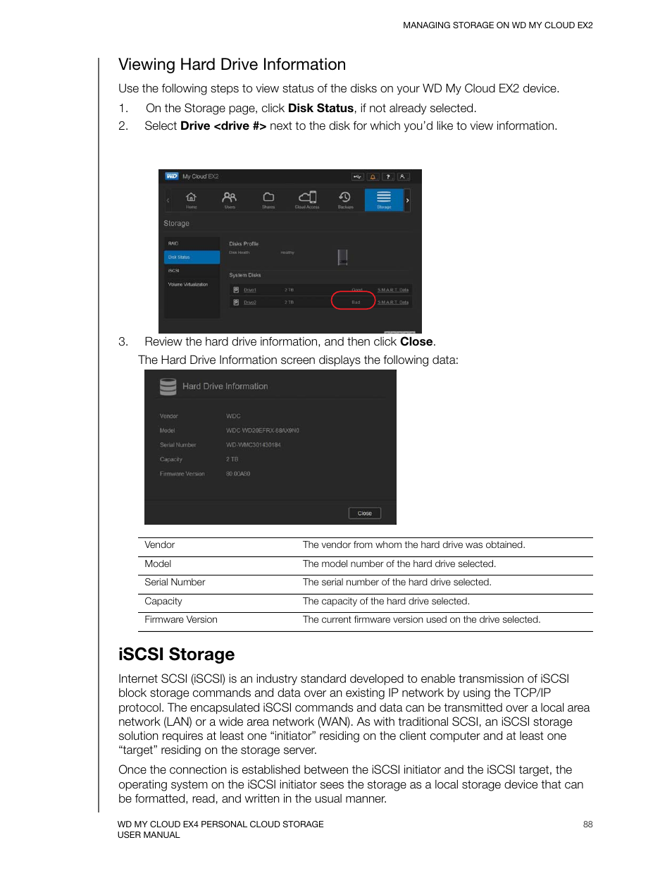 Viewing hard drive information, Iscsi storage | Western Digital My Cloud EX2 User Manual User Manual | Page 93 / 168