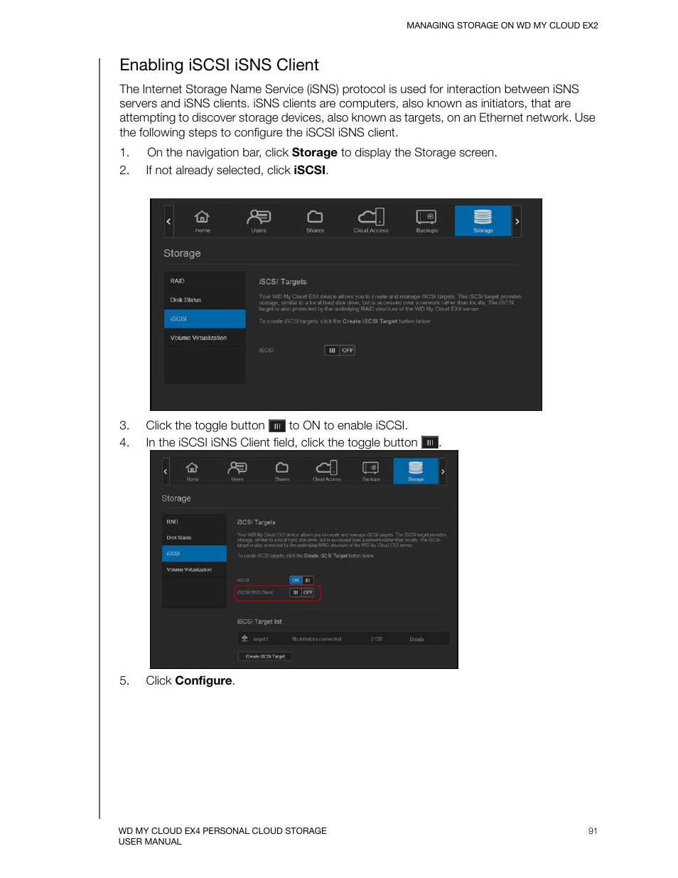 Enabling iscsi isns client | Western Digital My Cloud EX2 User Manual User Manual | Page 96 / 168