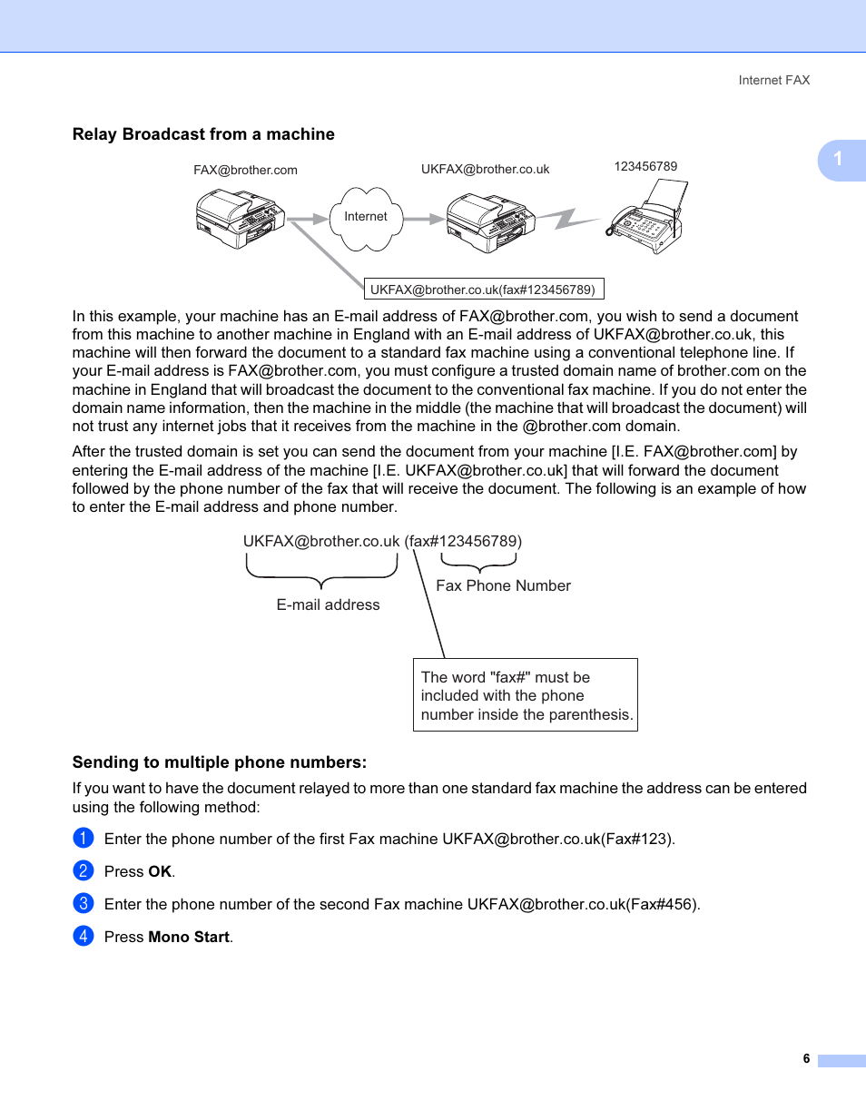 Relay broadcast from a machine, Sending to multiple phone numbers | Brother SHB6102 User Manual | Page 10 / 34