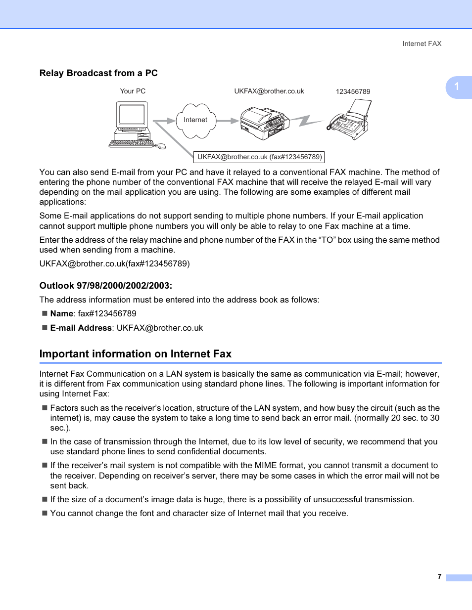 Relay broadcast from a pc, Outlook 97/98/2000/2002/2003, Important information on internet fax | Brother SHB6102 User Manual | Page 11 / 34