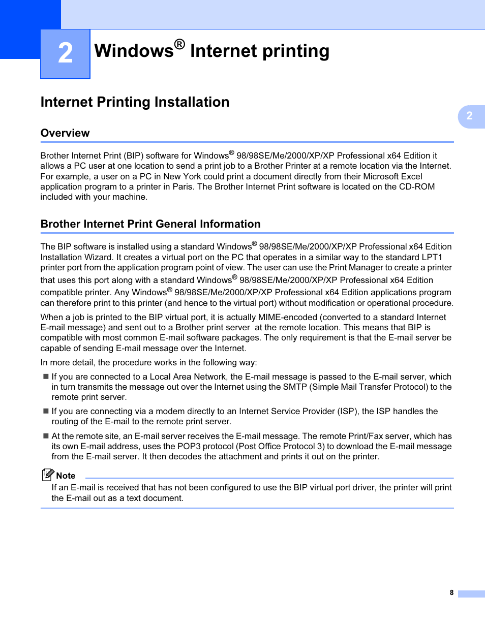 2 windows® internet printing, Internet printing installation, Overview | Brother internet print general information, Windows, Internet printing | Brother SHB6102 User Manual | Page 12 / 34