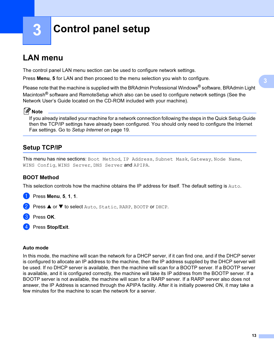 3 control panel setup, Lan menu, Setup tcp/ip | Boot method, Control panel setup | Brother SHB6102 User Manual | Page 17 / 34