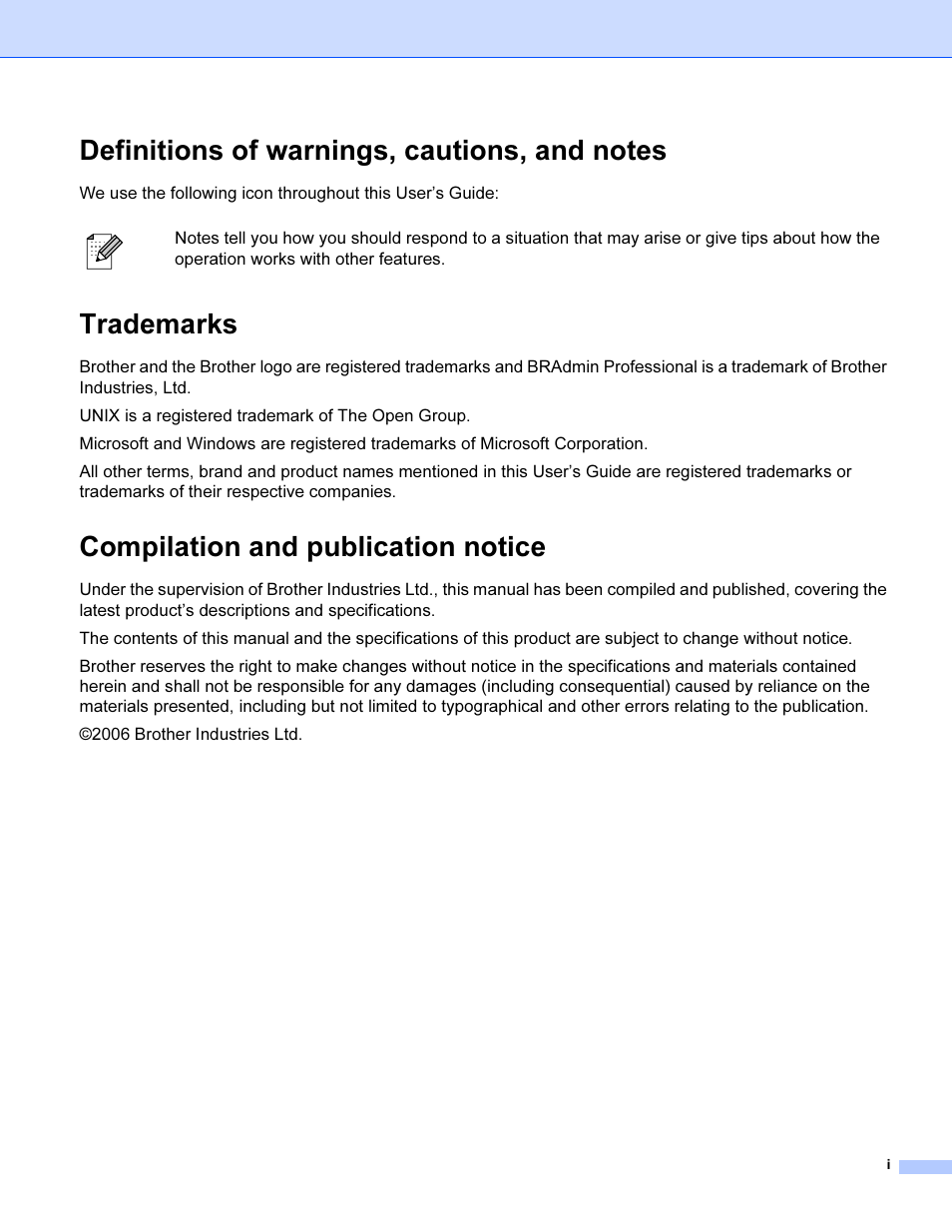 Definitions of warnings, cautions, and notes, Trademarks, Compilation and publication notice | Brother SHB6102 User Manual | Page 2 / 34