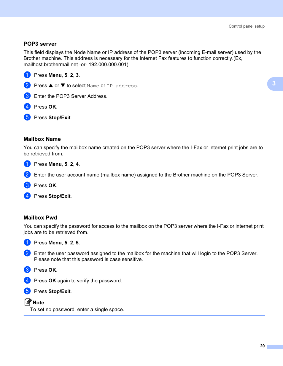 Pop3 server, Mailbox name, Mailbox pwd | Brother SHB6102 User Manual | Page 24 / 34