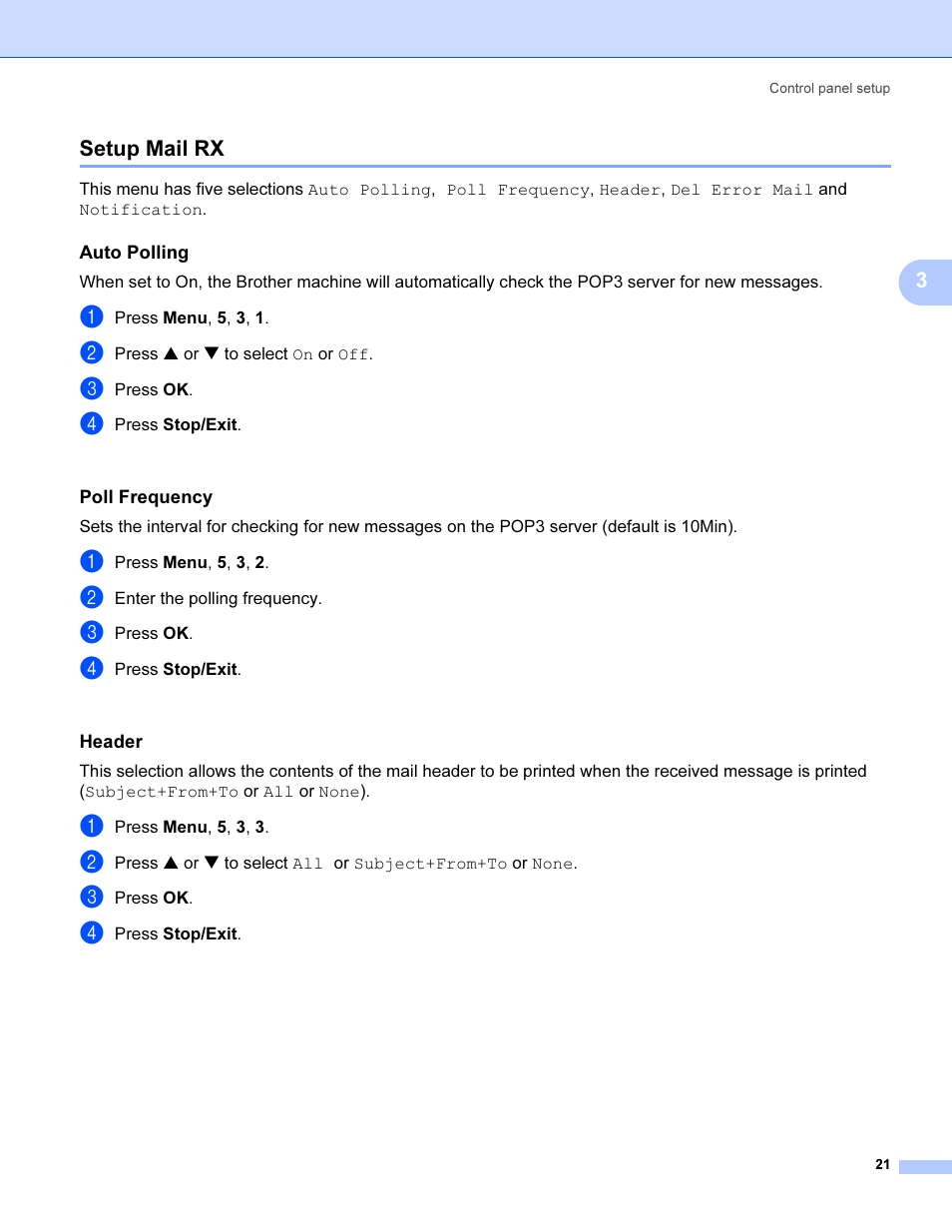 Setup mail rx, Auto polling, Poll frequency | Header | Brother SHB6102 User Manual | Page 25 / 34