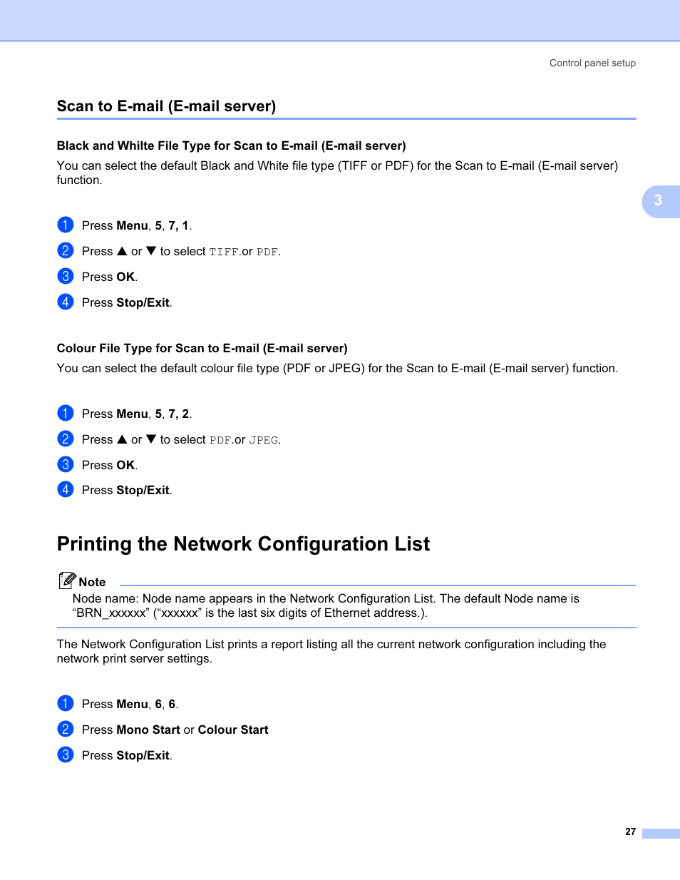 Scan to e-mail (e-mail server), Printing the network configuration list, 3scan to e-mail (e-mail server) | Brother SHB6102 User Manual | Page 31 / 34